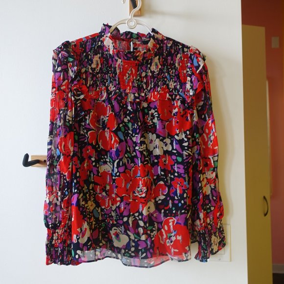 J.Crew Smocked metallic popover blouse top in Lurex dot floral AU241 XS 0 2 - Picture 5 of 16